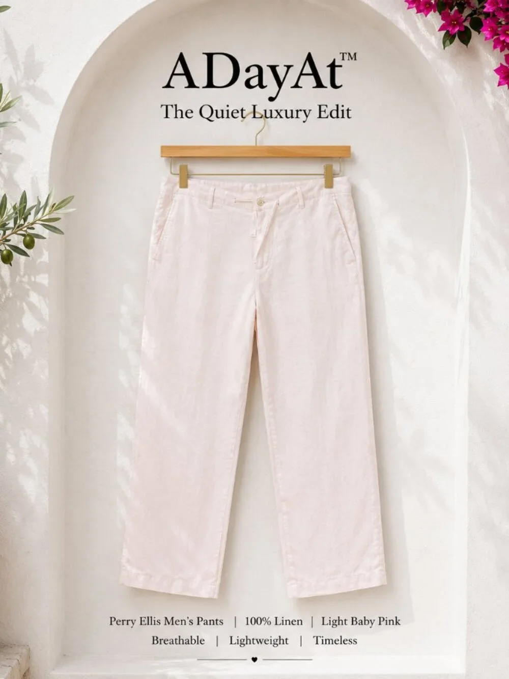 Coastal 100% Linen Resort Pants Blush Pink Men's Perry Ellis 40 Italian Riviera